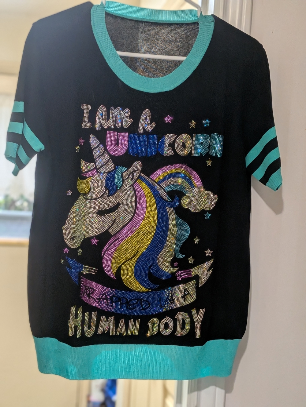 Rhinestone Unicorn Graphic Tee with Teal Trim
